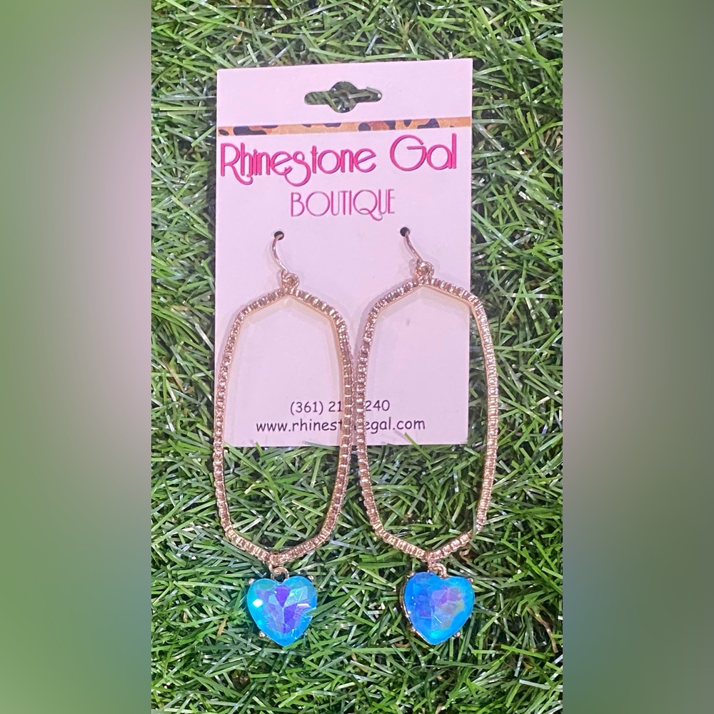 BRAND NEW WITH TAGS Gold Hex Hoops with Aqua Heart Sparkle